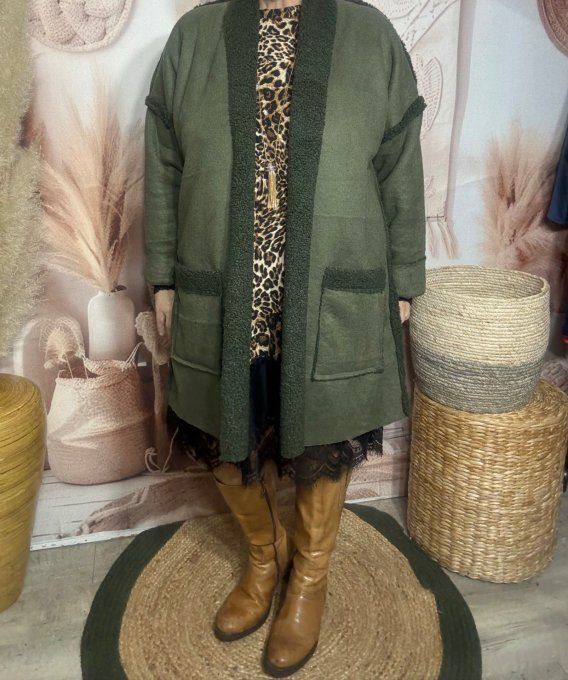 Veste mi-longue suédine Kaki doublée moumoute Sherpa du 40 au 48/50 et même +