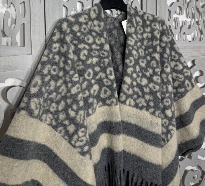 Poncho oversize SANS LAINE polaire Léopard gris perle et crème TOUTES TAILLES