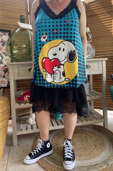 Caraco Débardeur Top trapèze satiné mat & dentelle Snoopy in Love du 40 au 52   