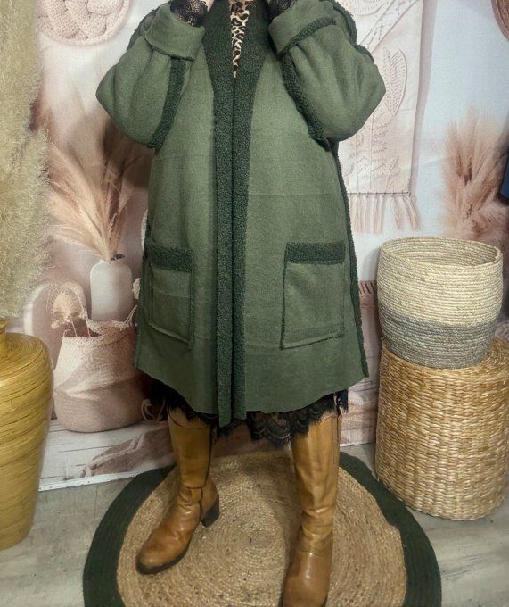 Veste mi-longue suédine Kaki doublée moumoute Sherpa du 40 au 48/50 et même +