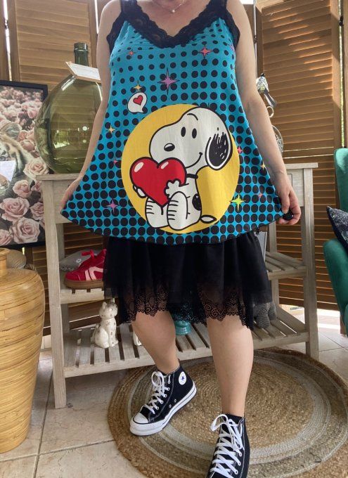 Caraco Débardeur Top trapèze satiné mat & dentelle Snoopy in Love du 40 au 52   