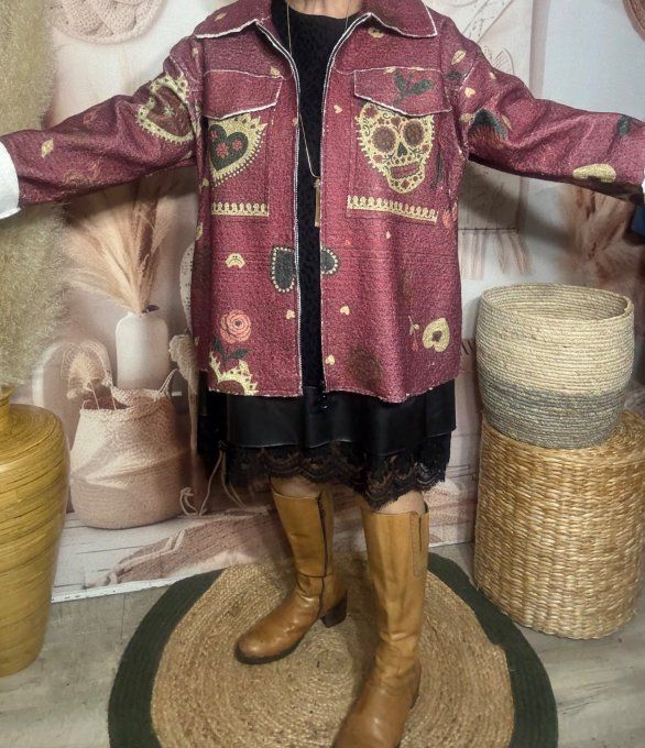 Blouson ou surchemise prune aspect laine Mexican Skulls Calaveras du 40 au 50/52 et même +  