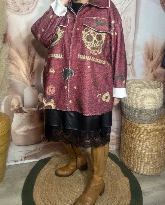Blouson ou surchemise prune aspect laine Mexican Skulls Calaveras du 40 au 50/52 et même +  