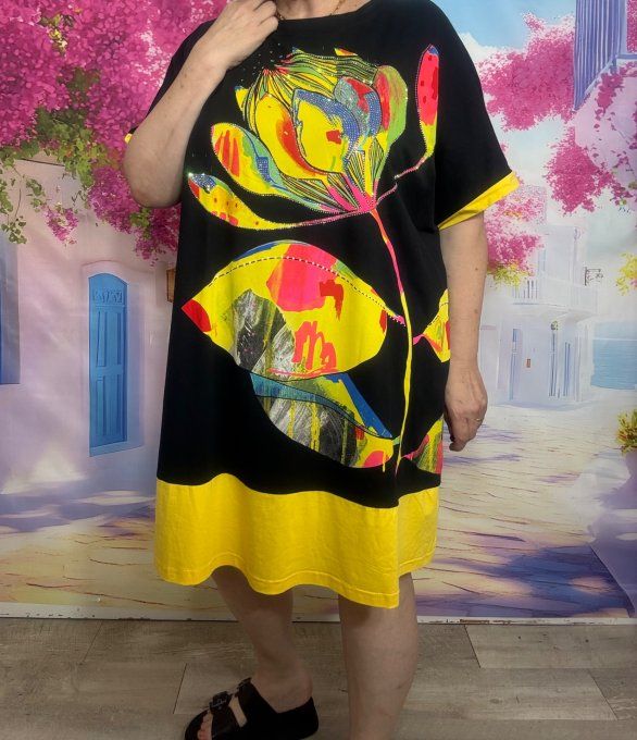 Robe courte oversize noire & jaune Fly Out Fleurs tropicales Strass argentés du 42 au 52/54