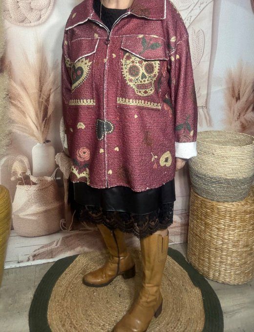 Blouson ou surchemise prune aspect laine Mexican Skulls Calaveras du 40 au 50/52 et même +  
