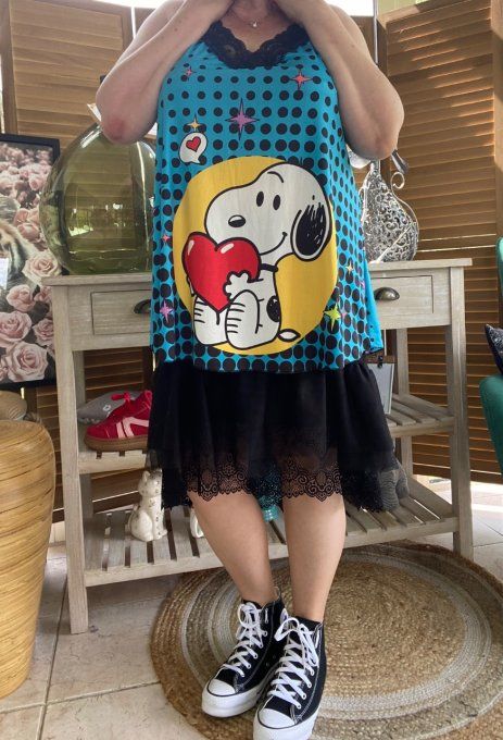 Caraco Débardeur Top trapèze satiné mat & dentelle Snoopy in Love du 40 au 52   