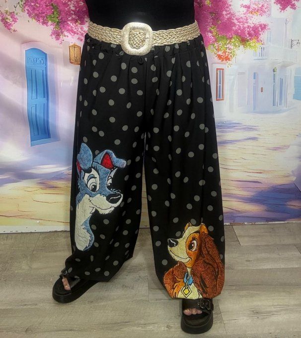 Pantalon boule "Aladin" cuisses bouffantes noir pois Kaki La Belle et le Clochard  du 38 au 50