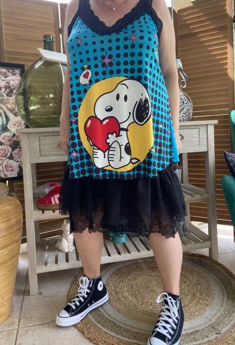 Caraco Débardeur Top trapèze satiné mat & dentelle Snoopy in Love du 40 au 52   
