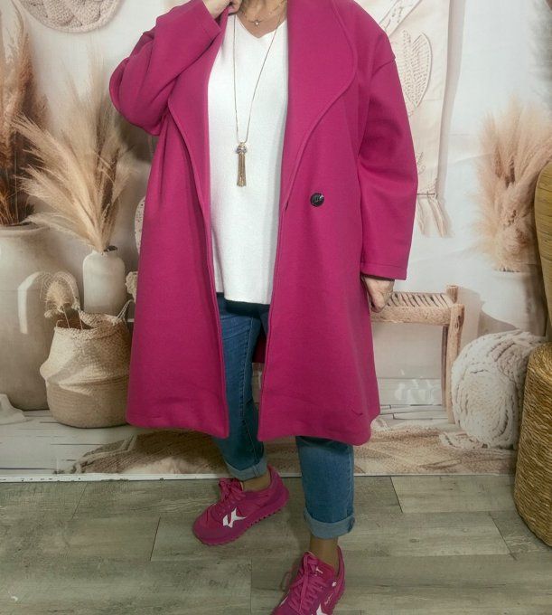 Manteau de printemps mi-long oversize Fuschia réglable 2 boutons douceur +++ du 40 au 50 et même + 