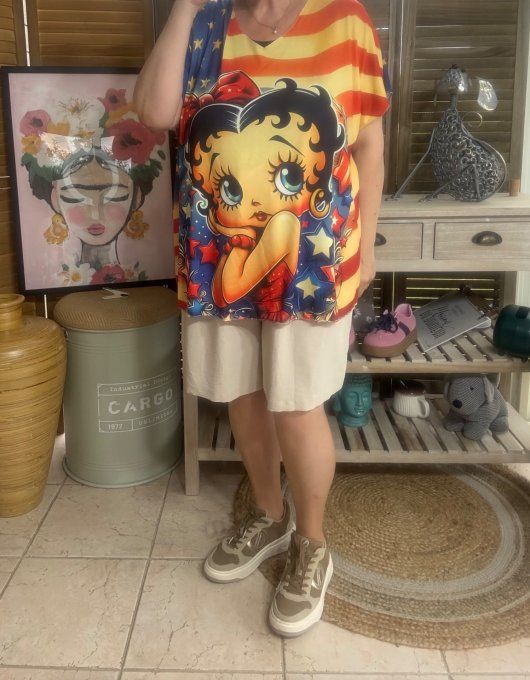 Top fin ample multicolore Betty Boop Patriotic US retro Girl du 40 au 52 