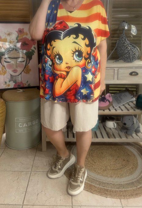 Top fin ample multicolore Betty Boop Patriotic US retro Girl du 40 au 52 