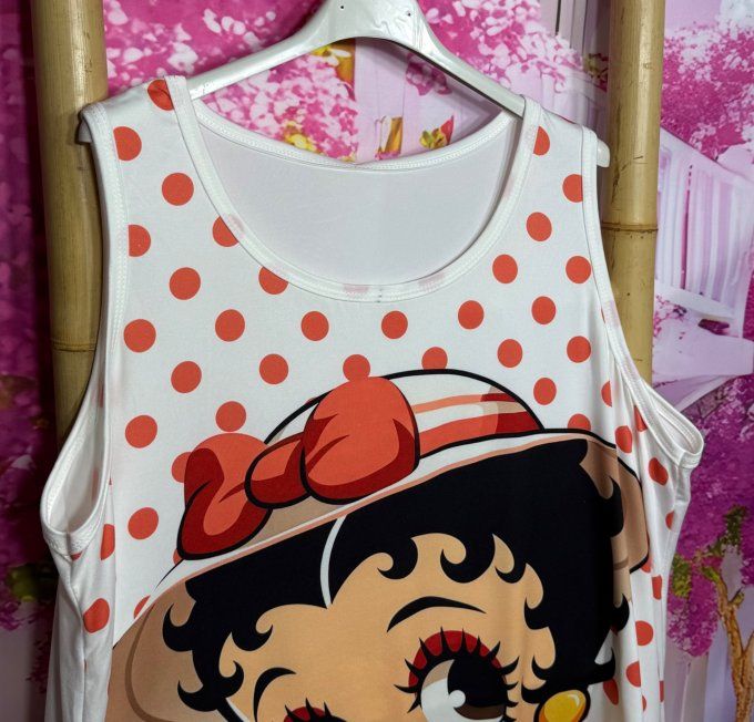 Débardeur trapèze blanc pois corail Betty Boop du 40 au 52/54 