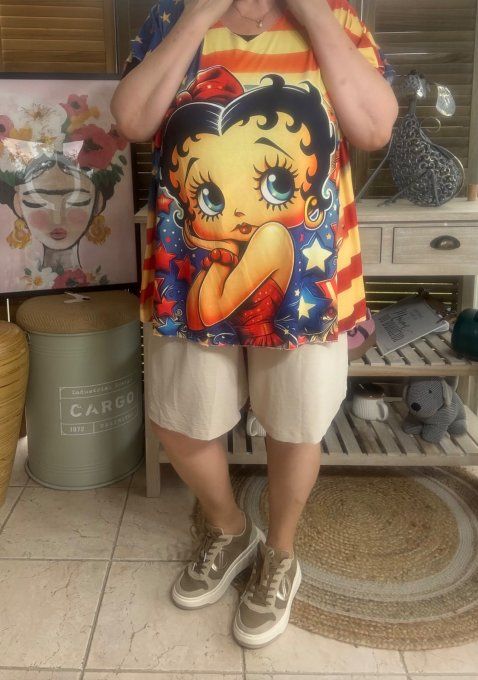 Top fin ample multicolore Betty Boop Patriotic US retro Girl du 40 au 52 