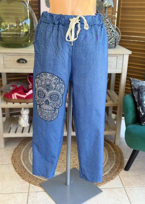 panta jogg  (dit magique) jeans stone fin Mexican Skulls Calavera strass argentés du 38 au 48