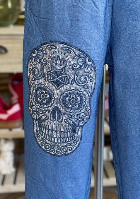 panta jogg  (dit magique) jeans stone fin Mexican Skulls Calavera strass argentés du 38 au 48