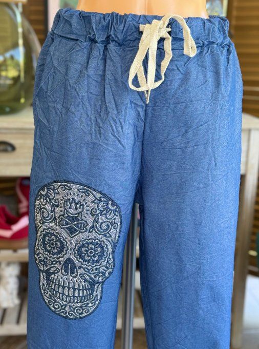 panta jogg  (dit magique) jeans stone fin Mexican Skulls Calavera strass argentés du 38 au 48