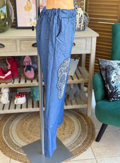 panta jogg  (dit magique) jeans stone fin Mexican Skulls Calavera strass argentés du 38 au 48
