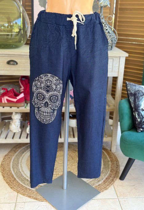 panta jogg  (dit magique) jeans brut fin Mexican Skulls Calavera strass argentés du 38 au 48