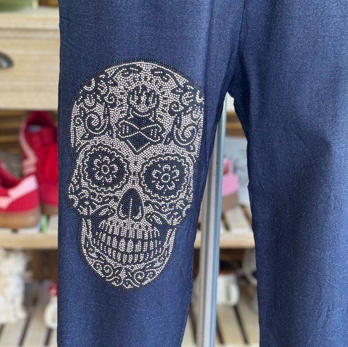 panta jogg  (dit magique) jeans brut fin Mexican Skulls Calavera strass argentés du 38 au 48