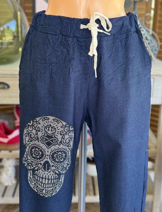 panta jogg  (dit magique) jeans brut fin Mexican Skulls Calavera strass argentés du 38 au 48