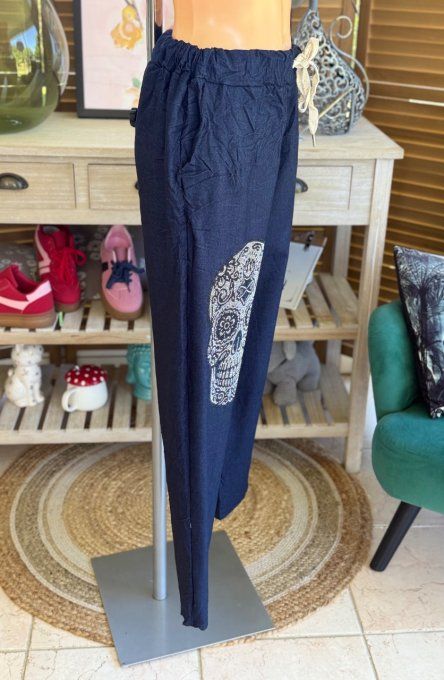 panta jogg  (dit magique) jeans brut fin Mexican Skulls Calavera strass argentés du 38 au 48