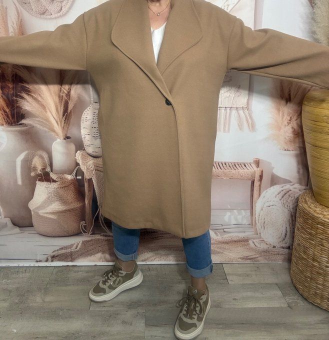 Manteau de printemps mi-long oversize beige réglable 2 boutons douceur +++ du 40 au 50 et même + 