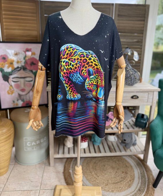 Top fin ample noir La Majestueuse Panthère multicolore du 40 au 52 