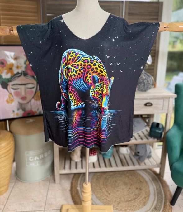 Top fin ample noir La Majestueuse Panthère multicolore du 40 au 52 