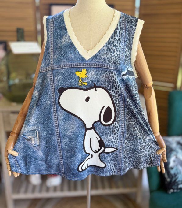Top débardeur trapèze effet jeans délavé Snoopy & Woodstock du 40 au 52   