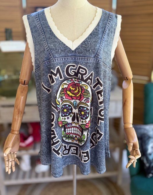 Top débardeur trapèze effet jeans délavé Mexican Skulls Calaveras du 40 au 52 