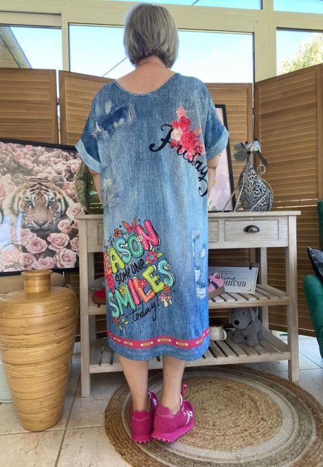 Robe mi-longue effet jeans délavé Viva Frida Kahlo du 42 au 50/52