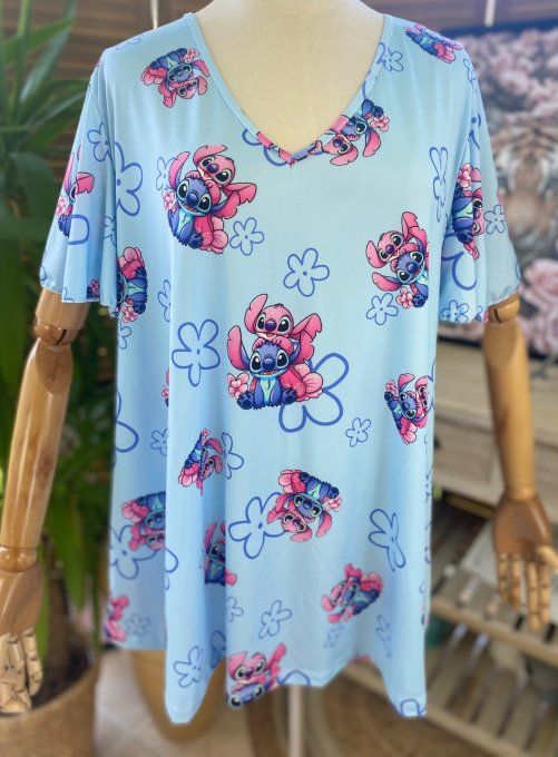 Top trapèze manches courtes volantées ciel Stitch in Love du 38 au 52/54  