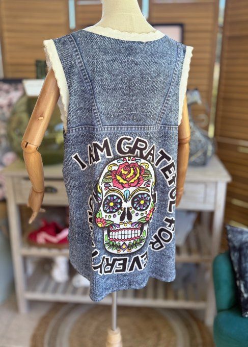 Top débardeur trapèze effet jeans délavé Mexican Skulls Calaveras du 40 au 52 