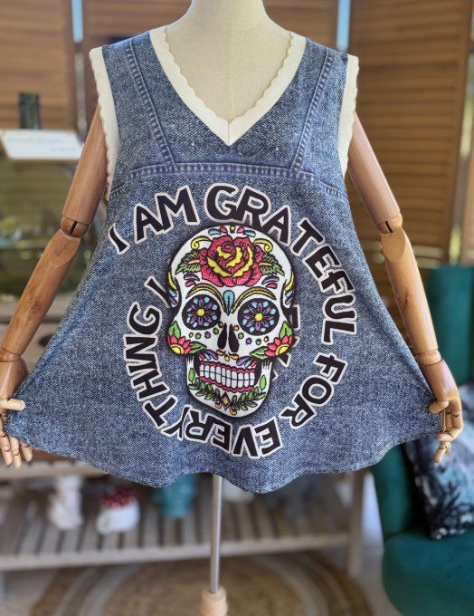 Top débardeur trapèze effet jeans délavé Mexican Skulls Calaveras du 40 au 52 