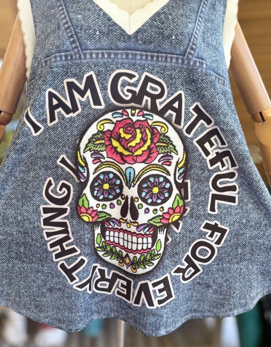 Top débardeur trapèze effet jeans délavé Mexican Skulls Calaveras du 40 au 52 