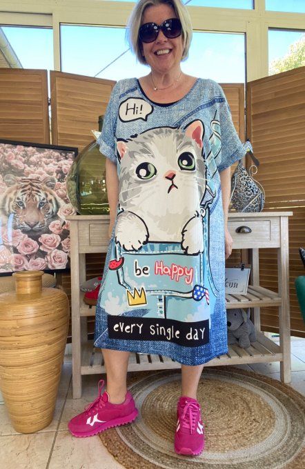 Robe mi-longue effet jeans délavé chat Be Happy Every Single Day du 42 au 50/52