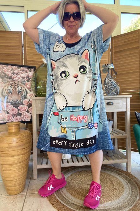 Robe mi-longue effet jeans délavé chat Be Happy Every Single Day du 42 au 50/52