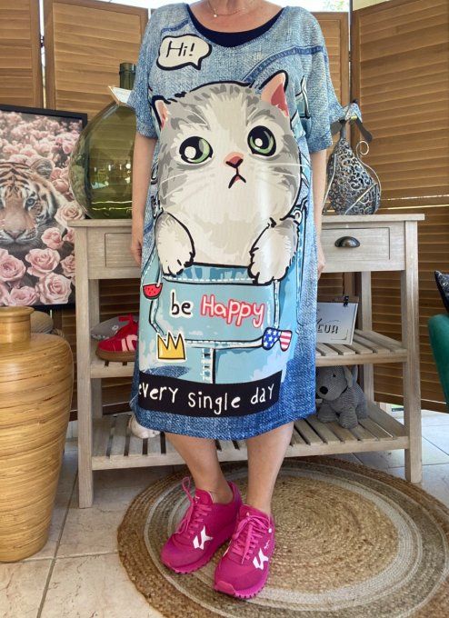 Robe mi-longue effet jeans délavé chat Be Happy Every Single Day du 42 au 50/52