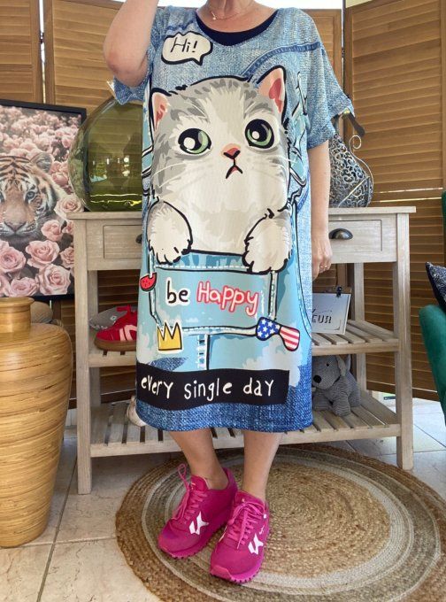Robe mi-longue effet jeans délavé chat Be Happy Every Single Day du 42 au 50/52