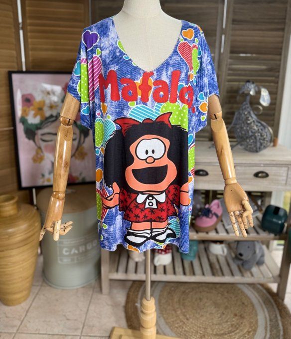 Top fin ample effet jeans délavé coeurs multicolores Mafalda  du 40 au 52  