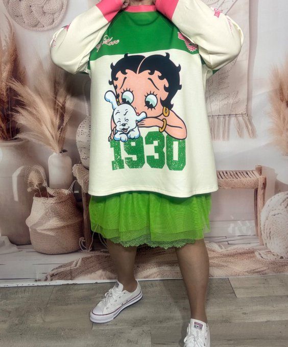 Sweat ample blanc vert Betty Boop American Vintage Spirit du 40 au 52/54