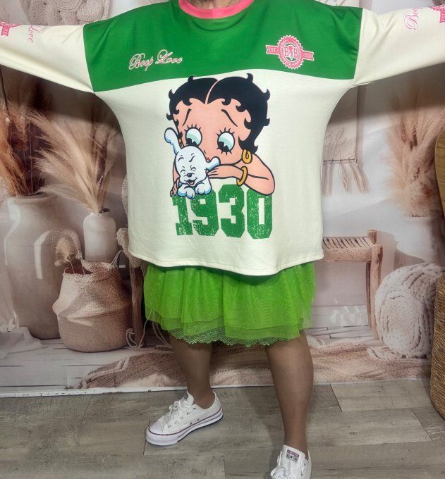 Sweat ample blanc vert Betty Boop American Vintage Spirit du 40 au 52/54