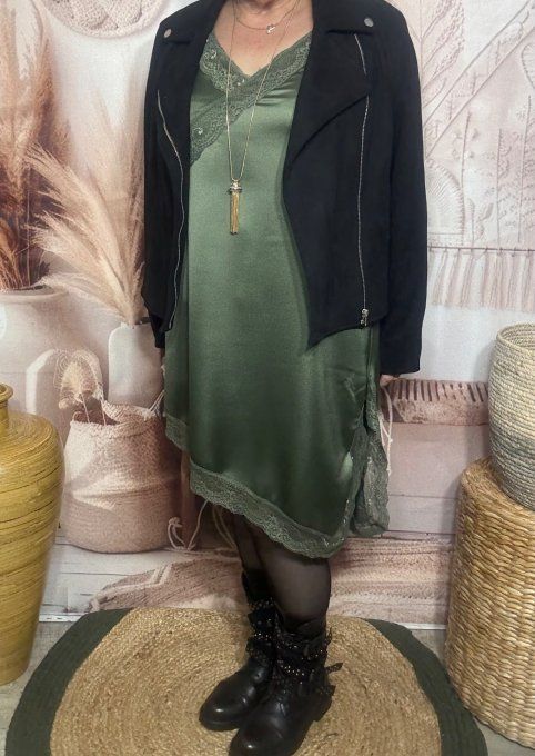 Robe nuisette asymétrique satinée Kaki et dentelle du 36 au 46 