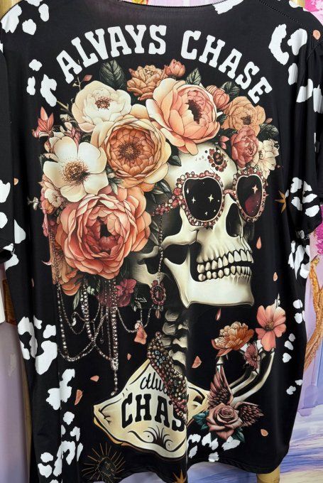 Tee-shirt fin trapèze oversize lycra noir Skulls TDM & Pink Roses du 42 au 54/56