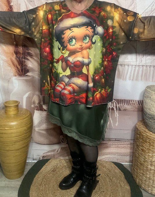 Top manches longues kaki Betty Boop Mère Noël doublé fine polaire du 40 au 54/56  