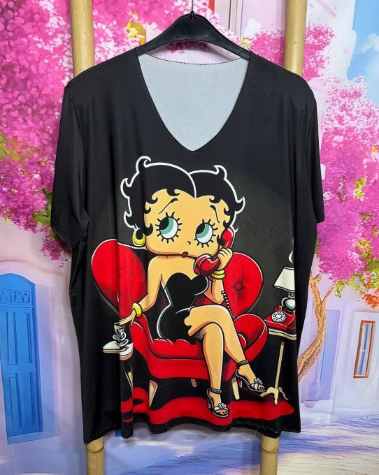 Tee-shirt fin trapèze oversize lycra noir Betty Boop Pinup Rétro chic du 42 au 54/56 