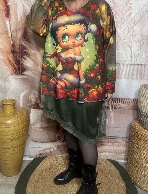 Top manches longues kaki Betty Boop Mère Noël doublé fine polaire du 40 au 54/56  