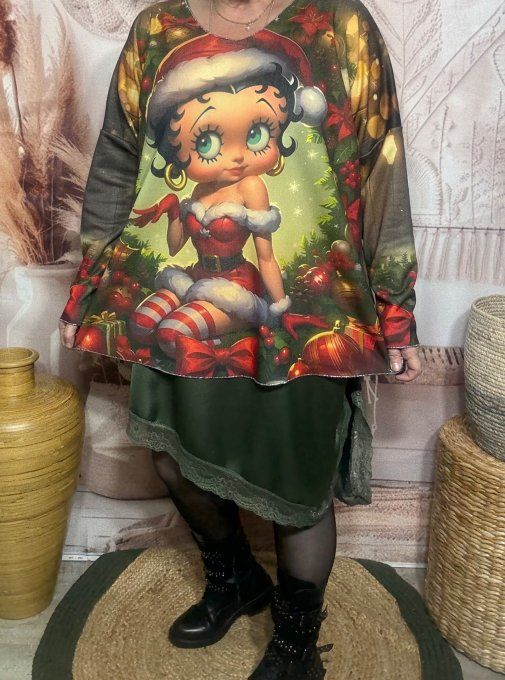 Top manches longues kaki Betty Boop Mère Noël doublé fine polaire du 40 au 54/56  