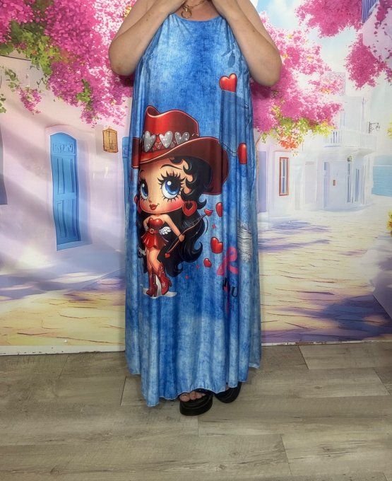 Robe à bretelles trapèze longue effet jeans délavé Betty Boop Country Girl du 40 au 50/52