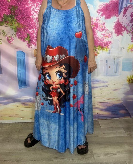 Robe à bretelles trapèze longue effet jeans délavé Betty Boop Country Girl du 40 au 50/52